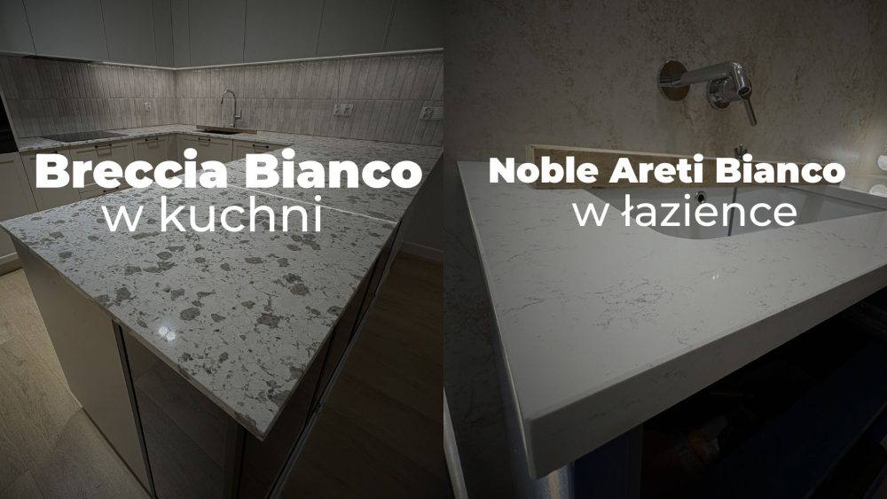 Blaty kamienne z konglomeratu Breccia Bianco w kuchni i Noble Areti Bianco w łazience