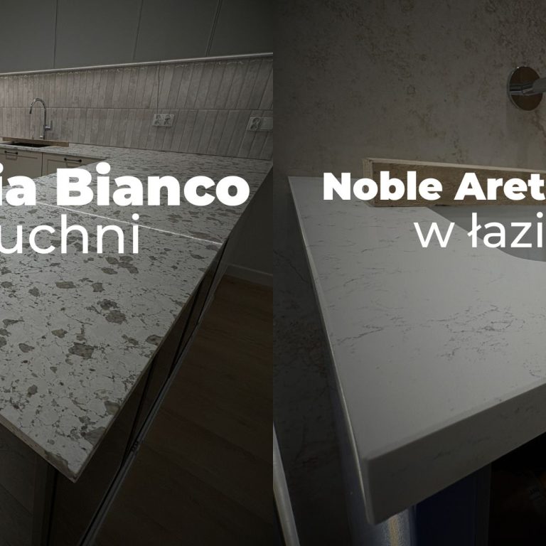Blaty kamienne z konglomeratu Breccia Bianco w kuchni i Noble Areti Bianco w łazience