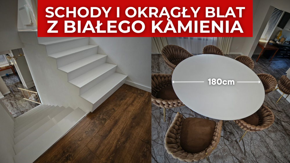 Schody i okrągły stół z białego kamienia