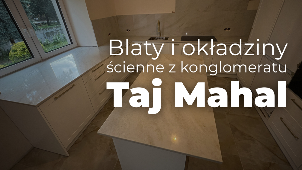 Duża kuchnia wykończona blatami i okładzinami z konglomeratu Taj Maha