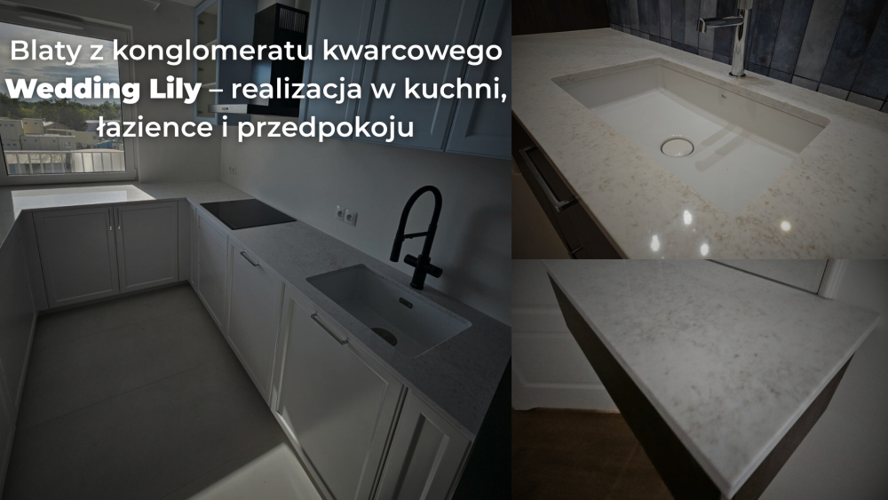 Blaty z konglomeratu kwarcowego Wedding Lily – realizacja w kuchni, łazience i przedpokoju