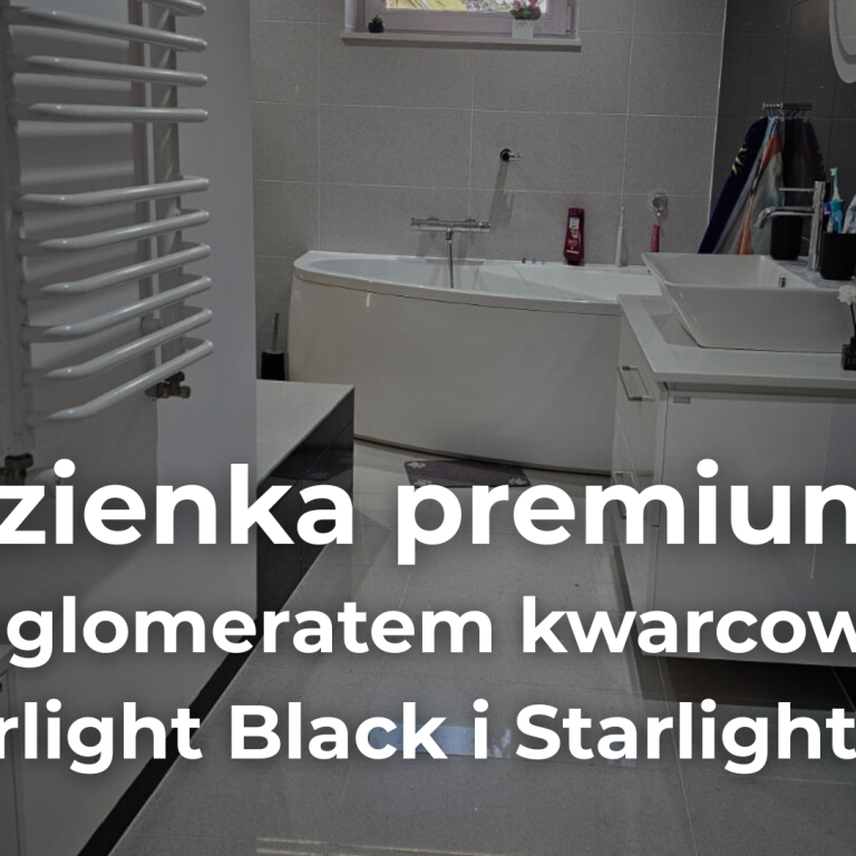 łazienka premium wykończona konglomeratem kwarcowym Starlight Black i Starlight Ice