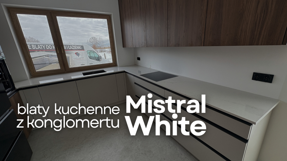Realizacja blatów kuchennych z konglomeratu kwarcowego Mistral White