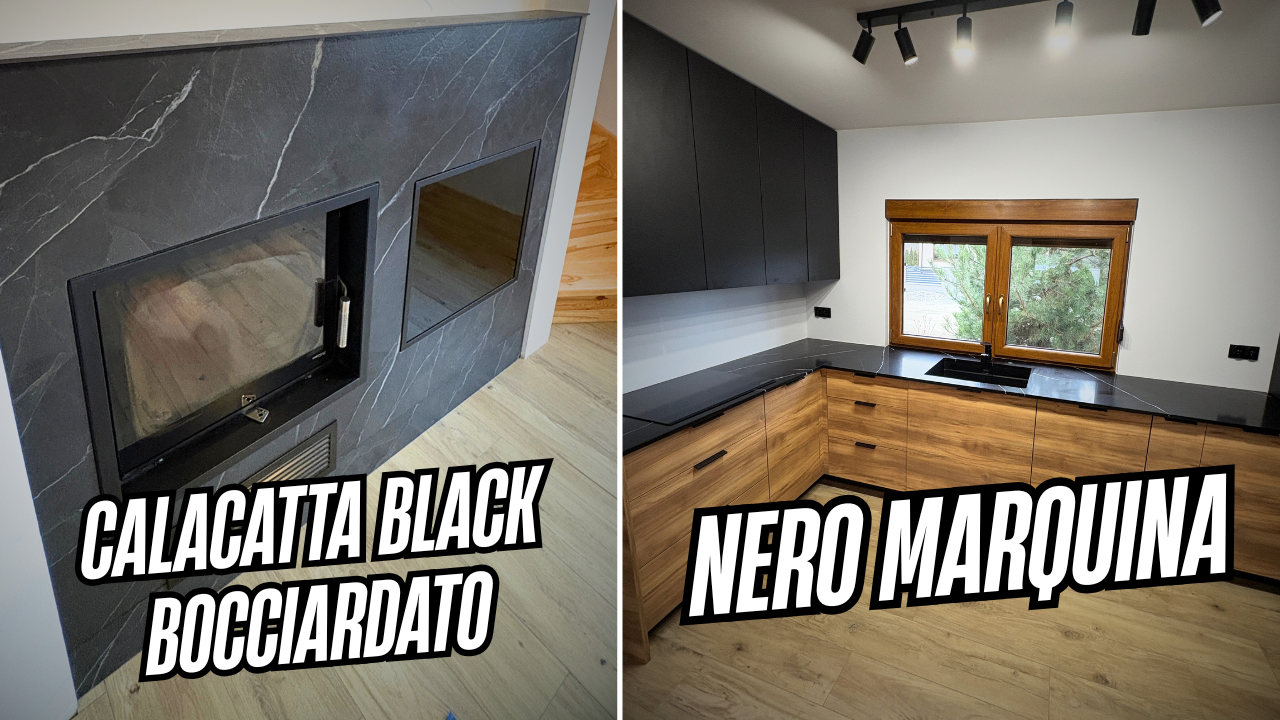kominek wykończony spiekiem Calacatta Black Bocciardato i kuchnia blatami Nero Marquina