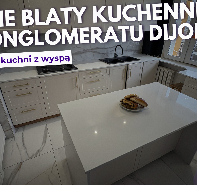 Jasne blaty kuchenne z konglomeratu Dijon - realizacja z wyspą