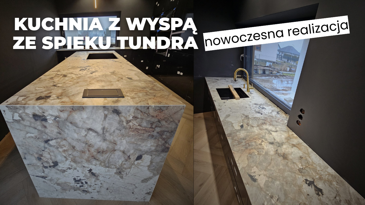 Kuchnia z wyspą wykończona spiekiem kwarcowym Tundra
