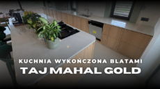 Kuchnia wykończona blatami z kongomeratu kwarcowego Taj Mahal Gold