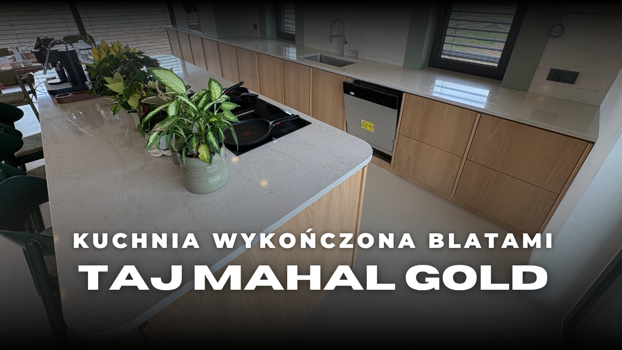 Kuchnia wykończona blatami z kongomeratu kwarcowego Taj Mahal Gold