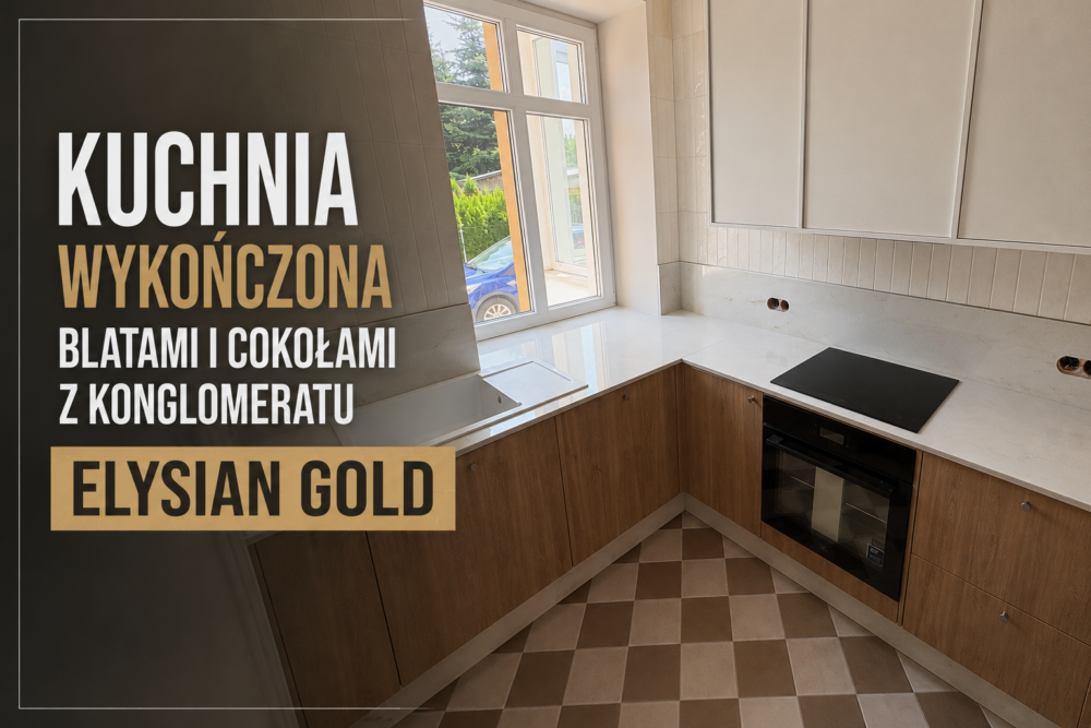Kuchnia wykończona blatami oraz cokołami z konglomeratu kwarcowego Elysian Gold