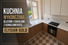 Kuchnia wykończona blatami oraz cokołami z konglomeratu kwarcowego Elysian Gold