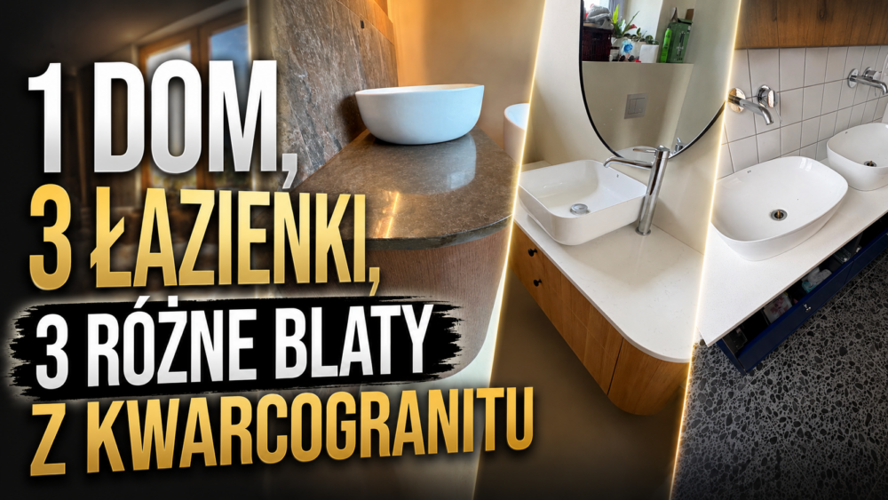 Trzy różne blaty łazienkowe z trzech różnych konglomeratów kwarcowych Technistone