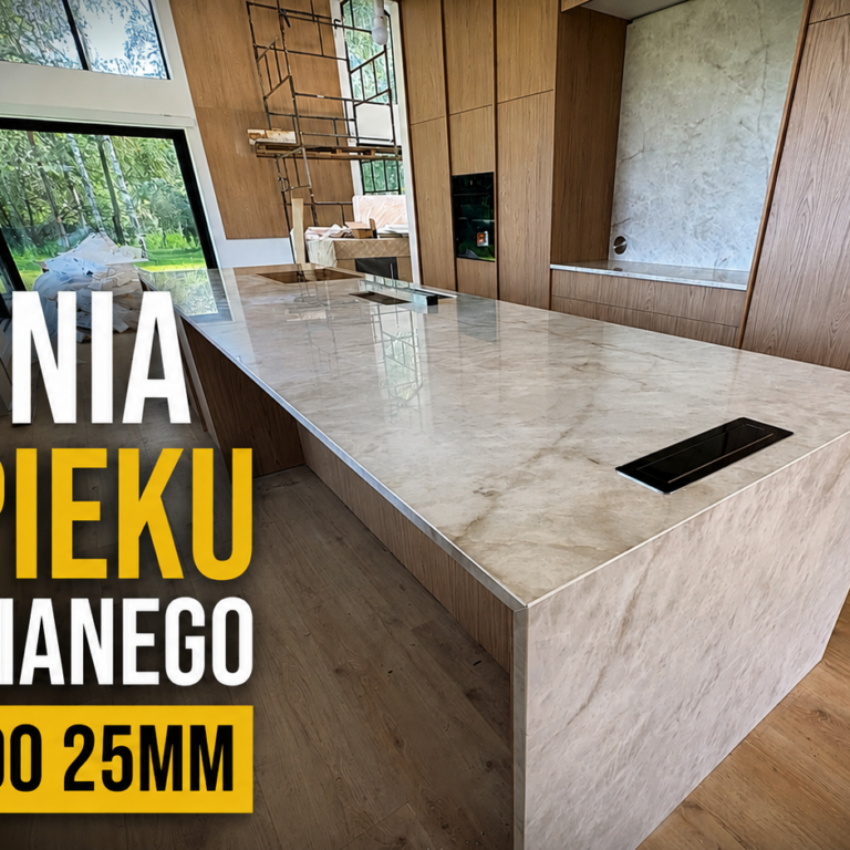 kuchnia wykończona blatami ze spieku kwarcowego pogrubianego z 12mm do 25mm
