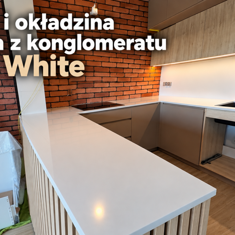 Trzy blaty kuchenne oraz okładzina ścienna z konglomeratu kwarcowego Polar White