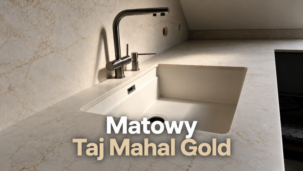 Matowy Taj Mahal Gold - blaty, okładzina oraz cokół w kuchni na poddaszu