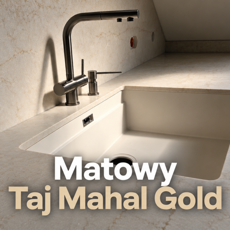 Matowy Taj Mahal Gold - blaty, okładzina oraz cokół w kuchni na poddaszu
