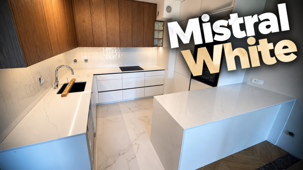 Kuchnia wykończona blatami z konglomeratu kwarcowego Mistral White