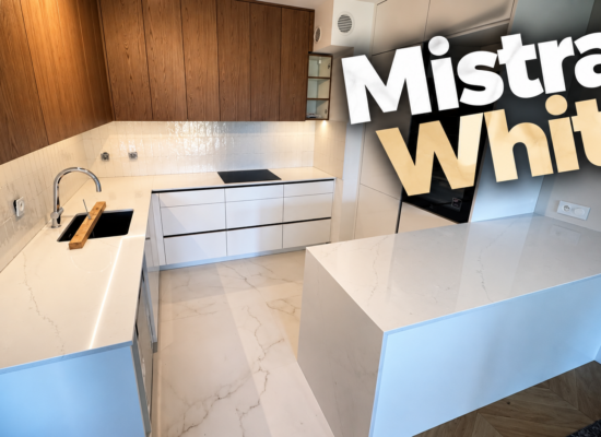 Kuchnia wykończona blatami z konglomeratu kwarcowego Mistral White
