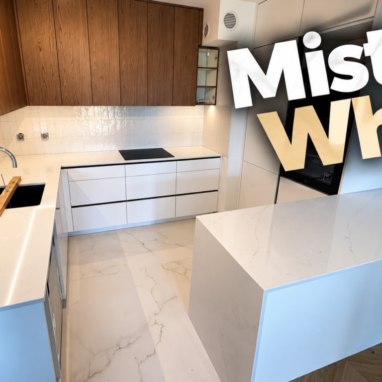Kuchnia wykończona blatami z konglomeratu kwarcowego Mistral White