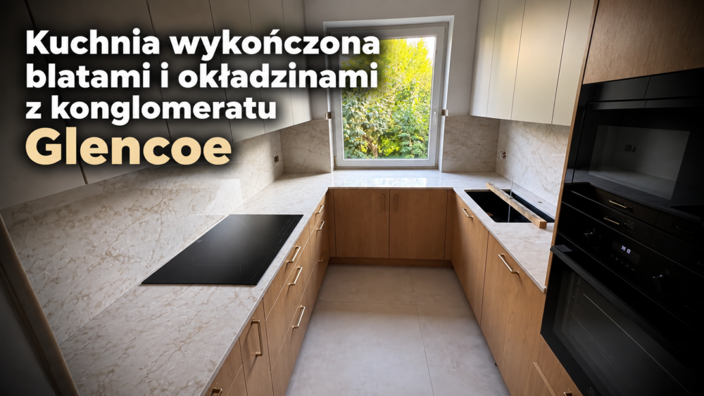 Nowoczesna kuchnia wykończona blatami i okładzinami ściennymi z konglomeratu Glencoe