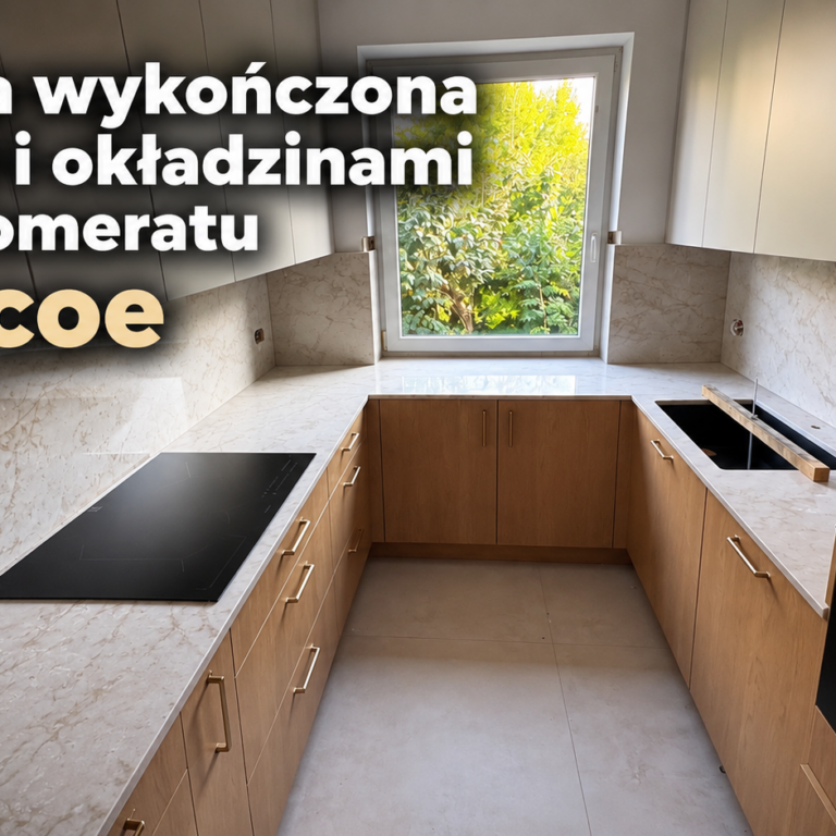 Nowoczesna kuchnia wykończona blatami i okładzinami ściennymi z konglomeratu Glencoe